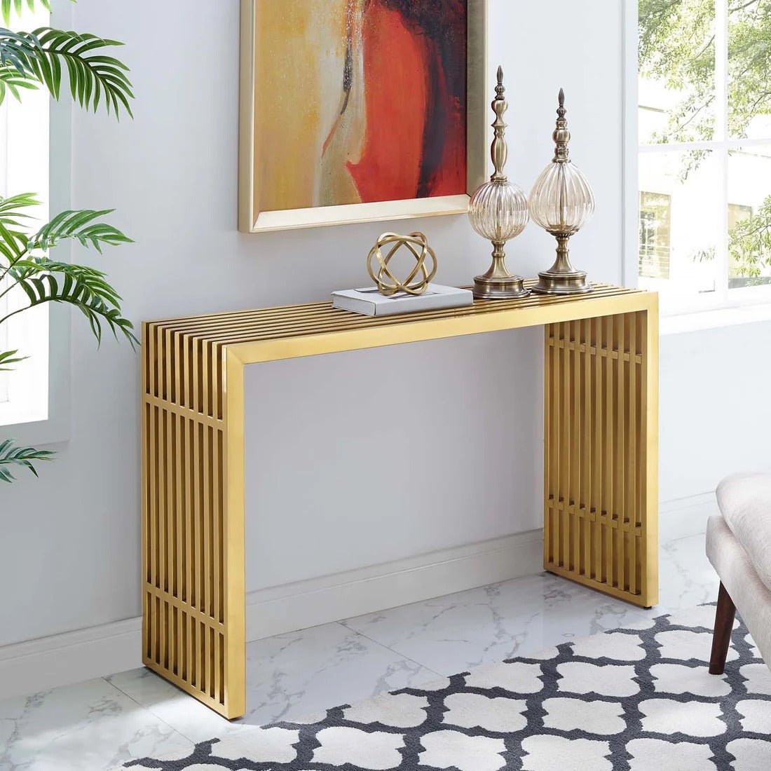 Gold Stainless Steel Console Table – Tubular Frame 47 Inch - Ottomans available at Alpine Outlets in Denver