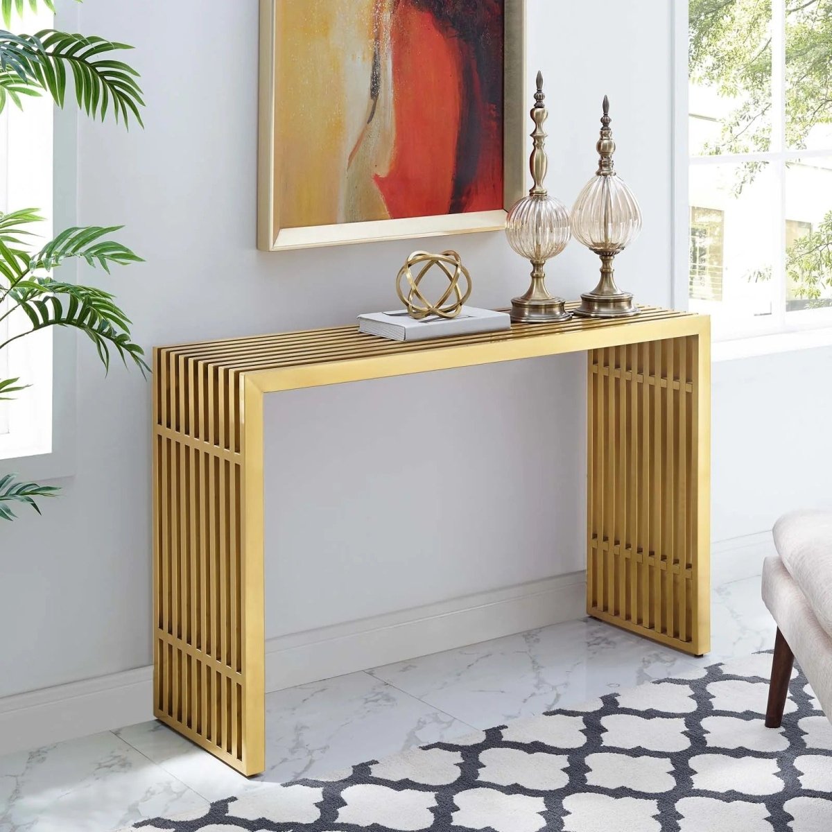 Gold Stainless Steel Console Table – Tubular Frame 47 Inch - Ottomans available at Alpine Outlets in Denver