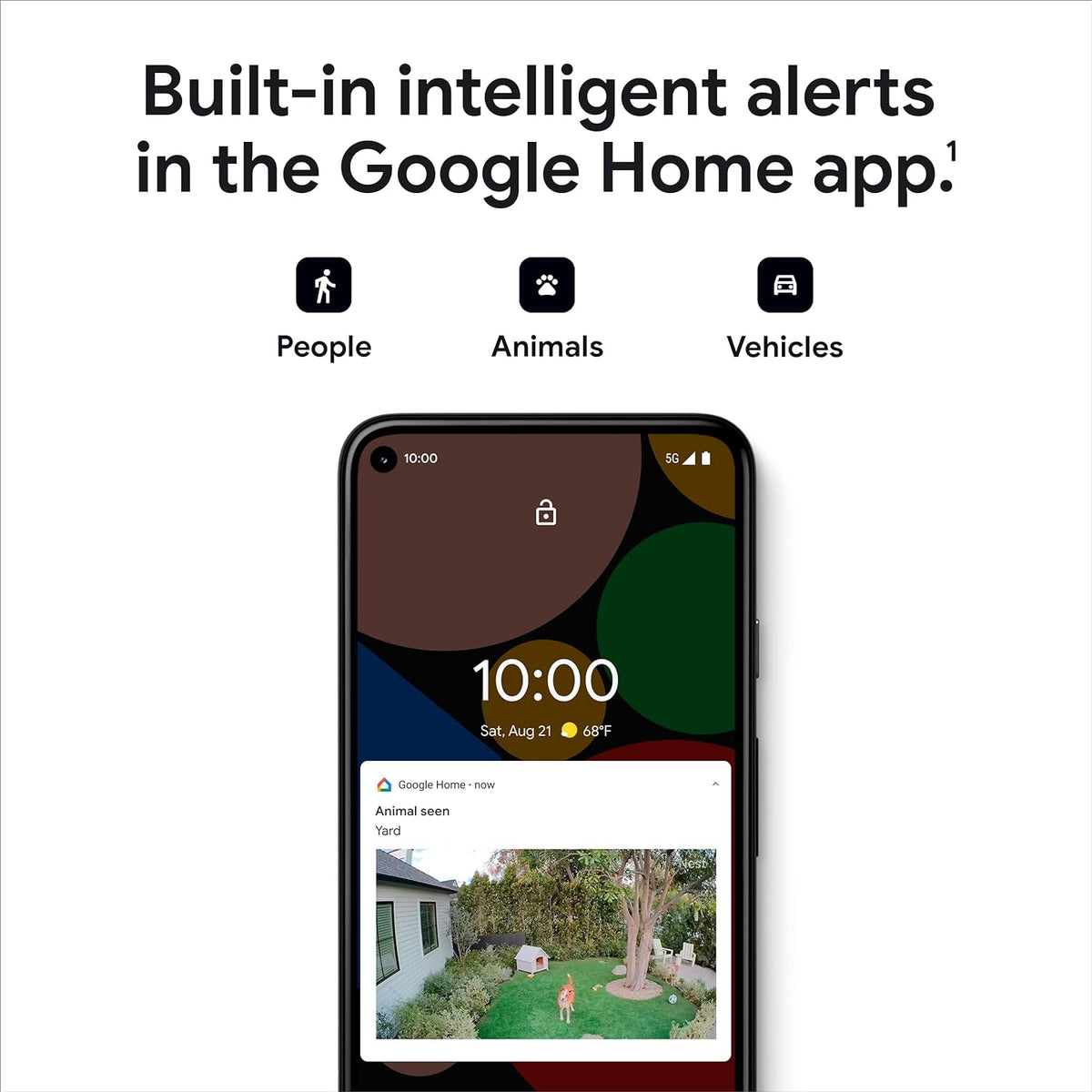 Google Home app intelligent person, animal and vehicle alert illustration for Nest Cam battery