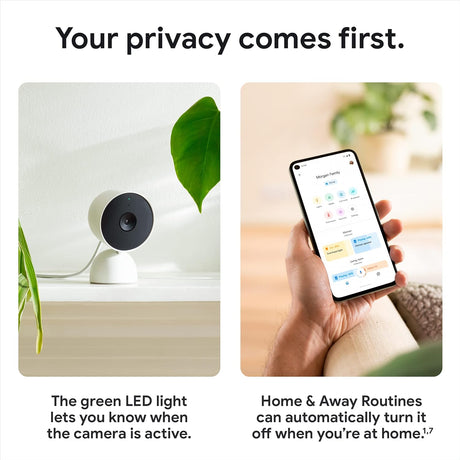 Snow Nest Cam indoor wired camera privacy indicator and Home and Away routines