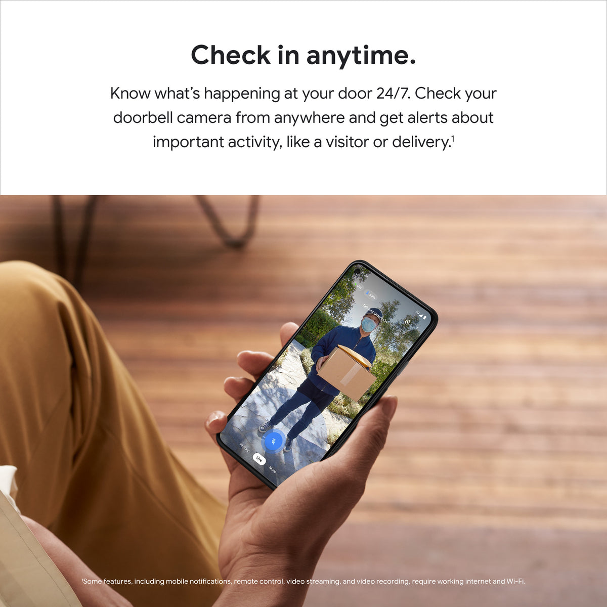 Nest Doorbell battery live view and visitor alerts illustrated in the Google Home app