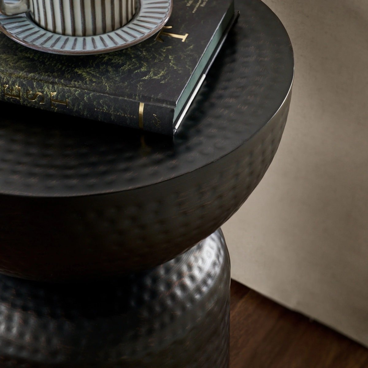 Hammered Metal Side Table Pedestal Drum – Black 15 Inch - End & Side Tables available at Alpine Outlets in Denver