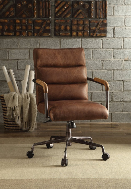 Harith Retro Brown Top Grain Leather Office Chair with Adjustable Height and Swivel - Office Furniture - Alpine Outlets
