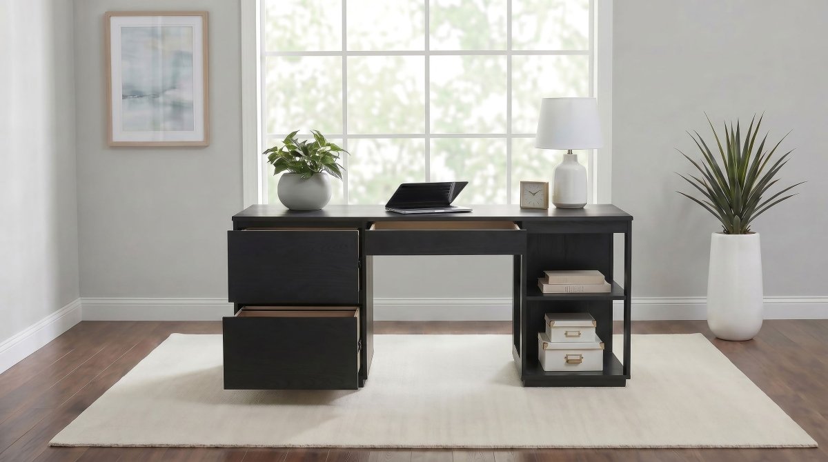 Harkes 75" 3-Drawer Computer Desk with Adjustable Shelf, Coffee Bean - Desks available at Alpine Outlets in Denver
