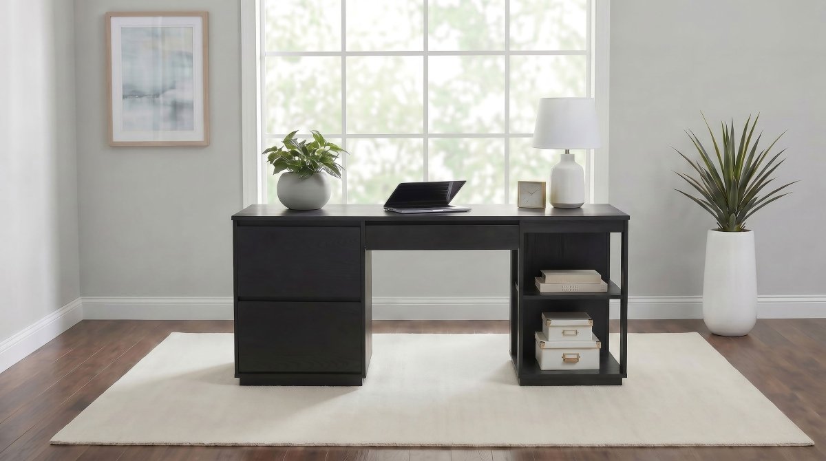 Harkes 75" 3-Drawer Computer Desk with Adjustable Shelf, Coffee Bean - Desks available at Alpine Outlets in Denver