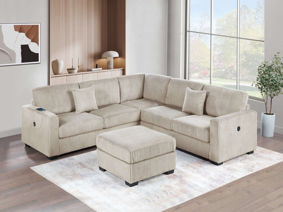 Harper 4-Piece Corduroy Sectional Sofa with USB and Ottoman in Beige - Living Room Furniture - Alpine Outlets