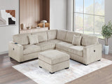 Harper 4-Piece Corduroy Sectional Sofa with USB and Ottoman in Beige - Living Room Furniture - Alpine Outlets