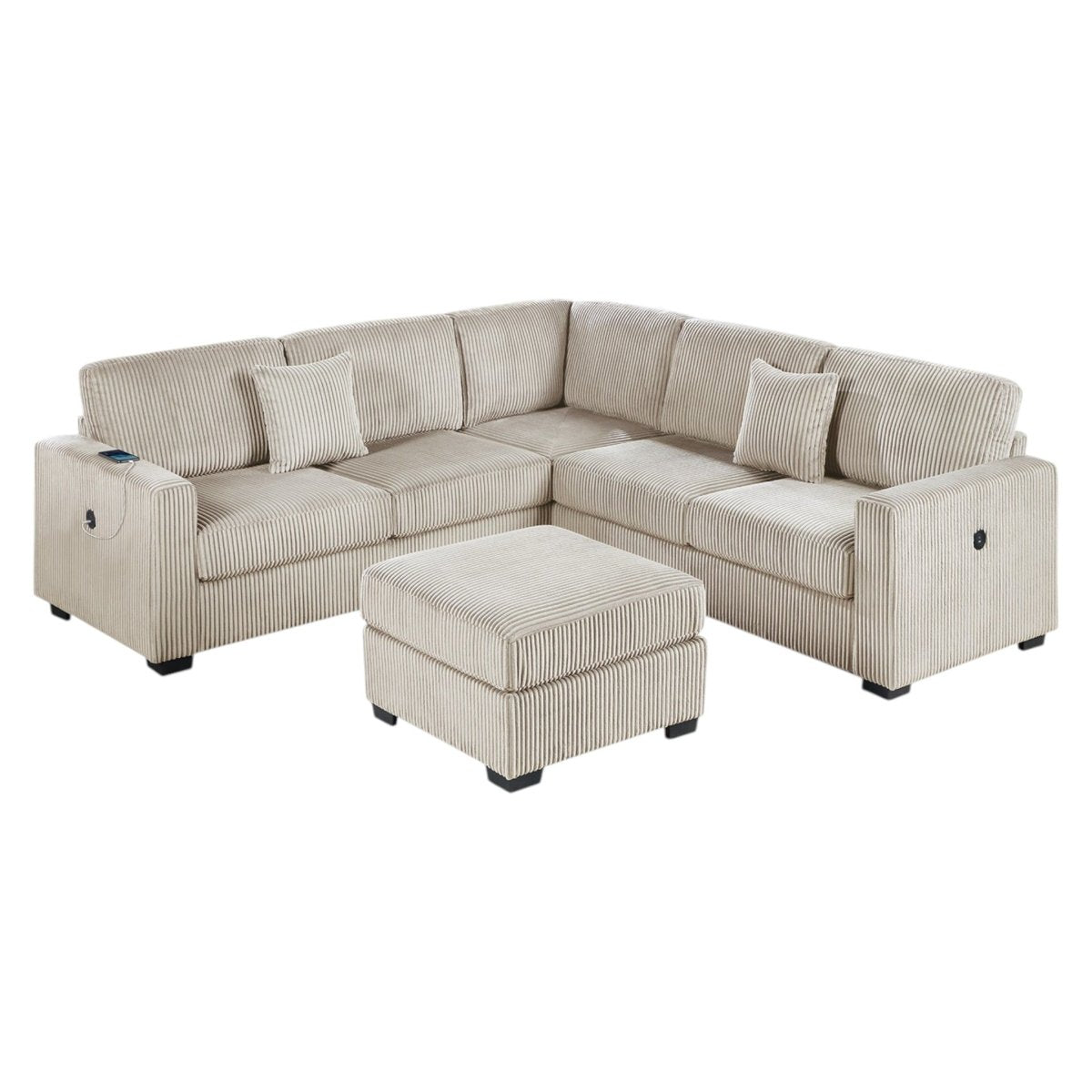 Harper 4-Piece Corduroy Sectional Sofa with USB and Ottoman in Beige - Living Room Furniture - Alpine Outlets