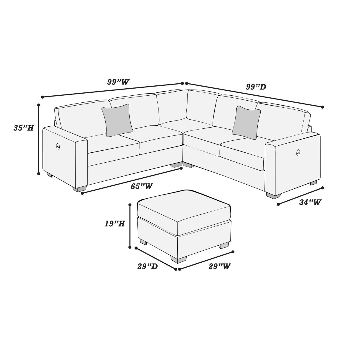 Harper 4-Piece Corduroy Sectional Sofa with USB and Ottoman in Beige - Living Room Furniture - Alpine Outlets