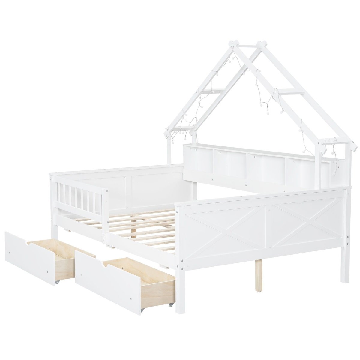 House Style Platform Bed With LED Lights, Storage Shelves, Drawers, And Guardrail - Storage Beds available at Alpine Outlets in Denver