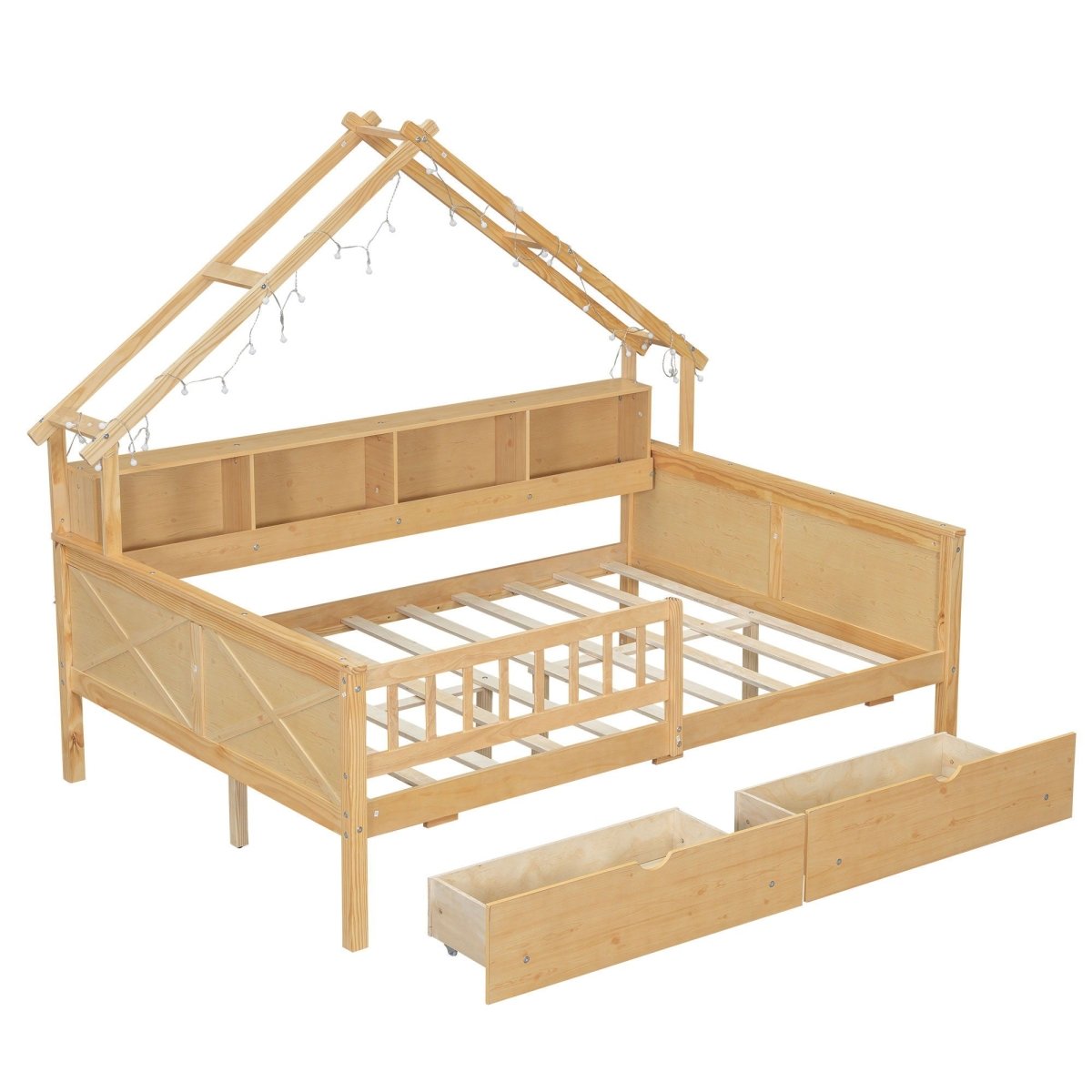 House Style Platform Bed With LED Lights, Storage Shelves, Drawers, And Guardrail - Storage Beds available at Alpine Outlets in Denver