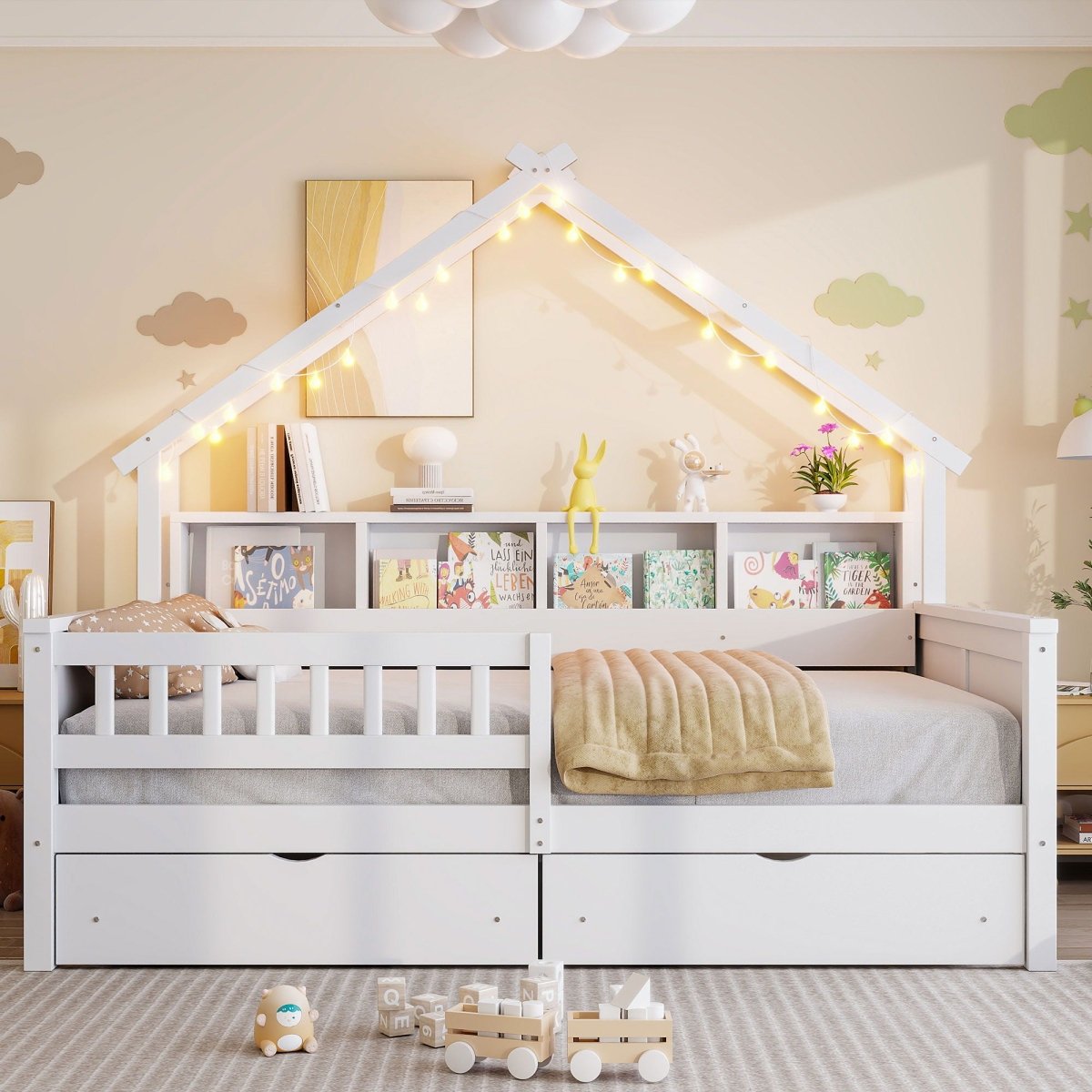 House Style Platform Bed With LED Lights, Storage Shelves, Drawers, And Guardrail - Storage Beds available at Alpine Outlets in Denver