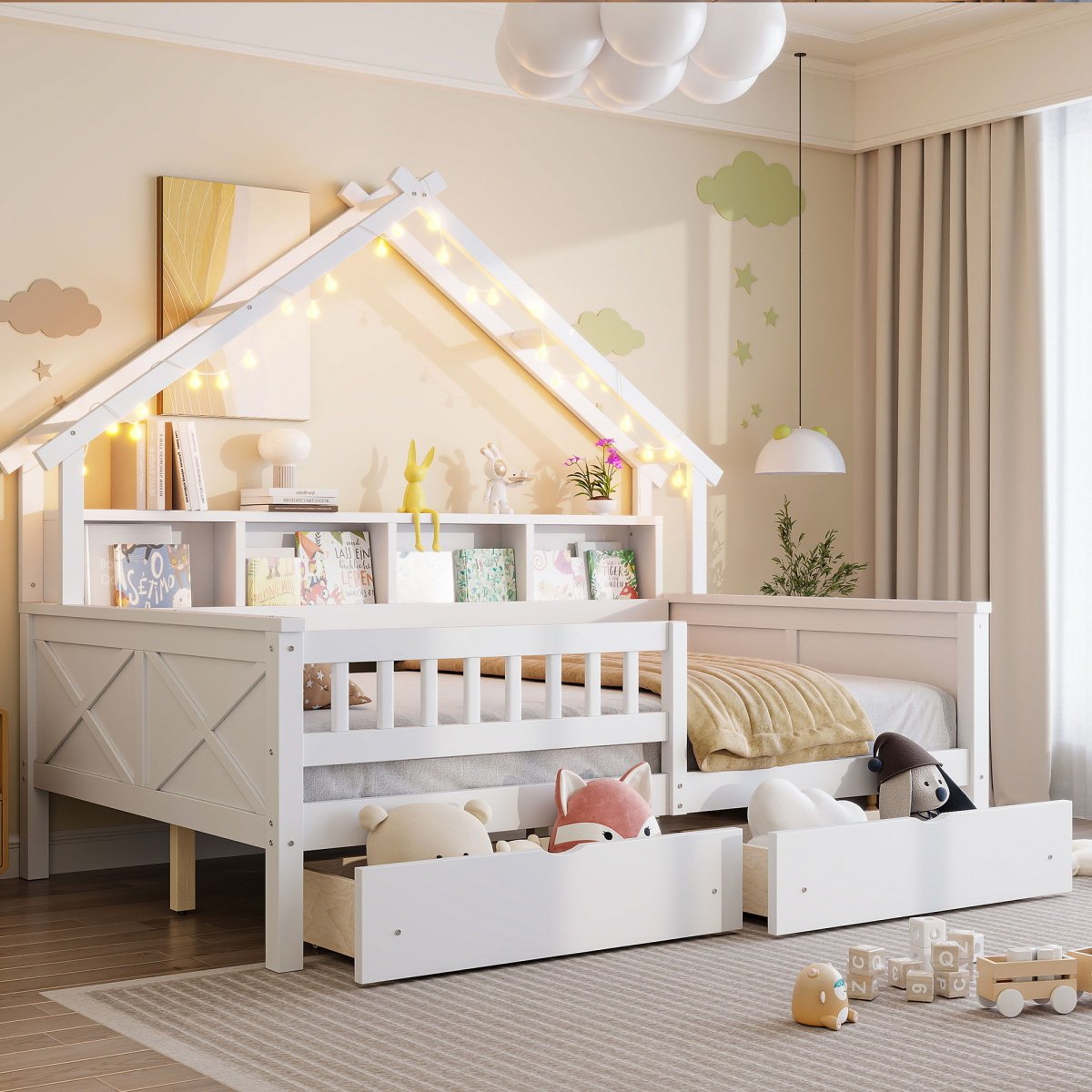 House Style Platform Bed With LED Lights, Storage Shelves, Drawers, And Guardrail - Storage Beds available at Alpine Outlets in Denver
