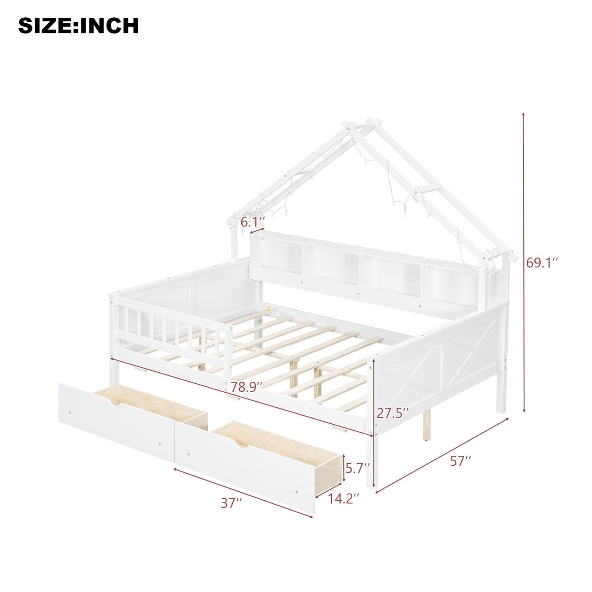 House Style Platform Bed With LED Lights, Storage Shelves, Drawers, And Guardrail - Storage Beds available at Alpine Outlets in Denver