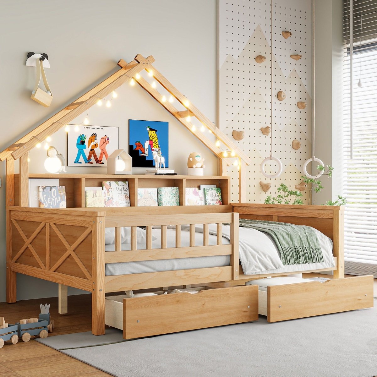House Style Platform Bed With LED Lights, Storage Shelves, Drawers, And Guardrail - Storage Beds available at Alpine Outlets in Denver
