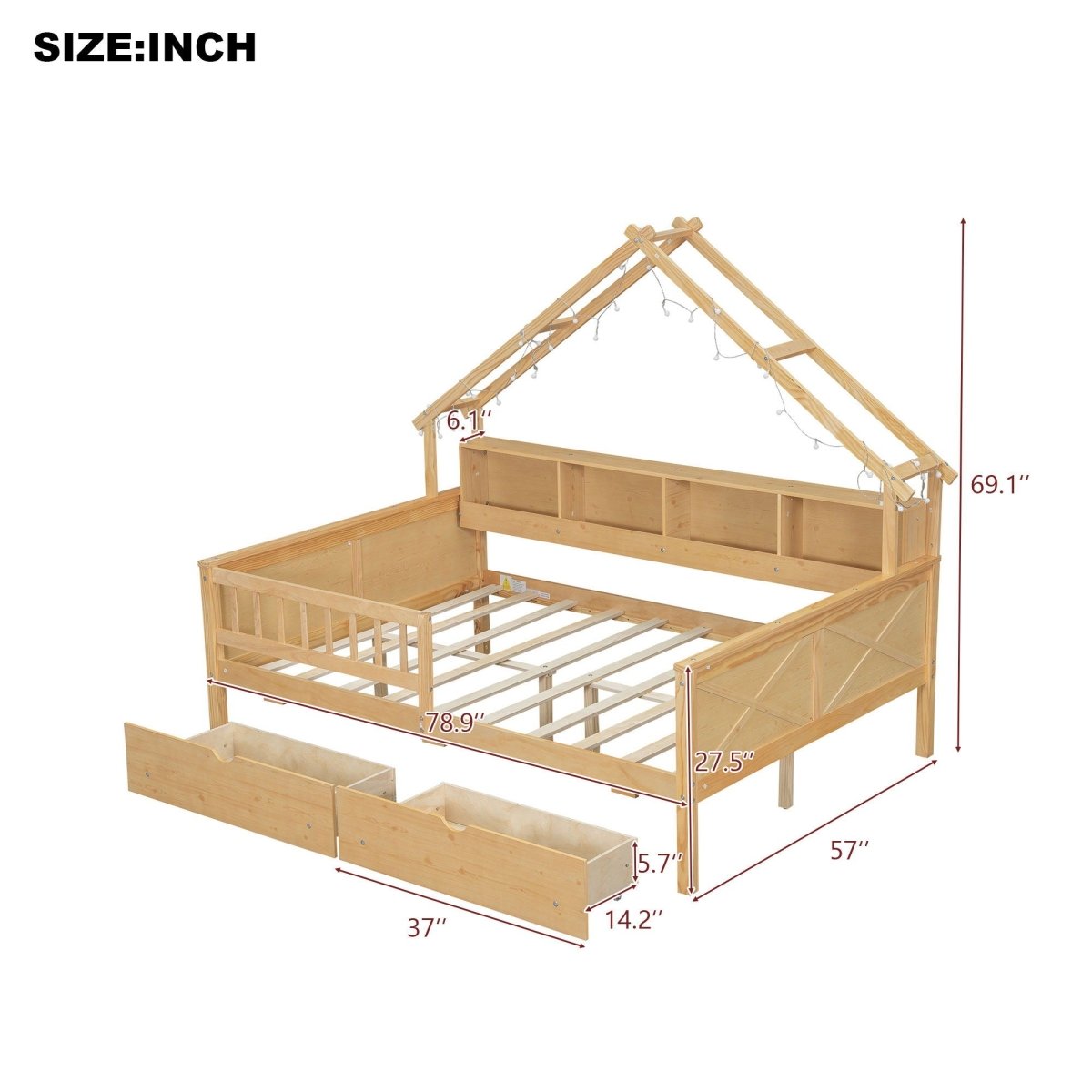 House Style Platform Bed With LED Lights, Storage Shelves, Drawers, And Guardrail - Storage Beds available at Alpine Outlets in Denver