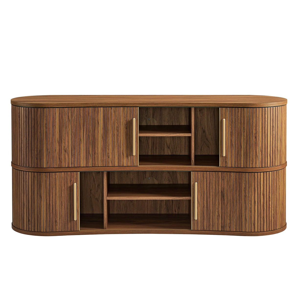 Curved Fluted Sideboard Storage Cabinet with Sliding Doors – Wood Finish 63 Inch