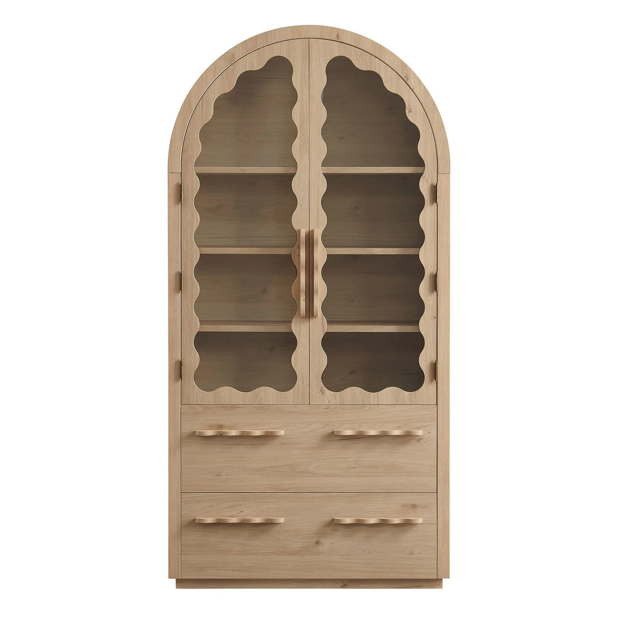 76 Inch Arched Scalloped Glass Door Kitchen Pantry Cabinet – Wood Grain