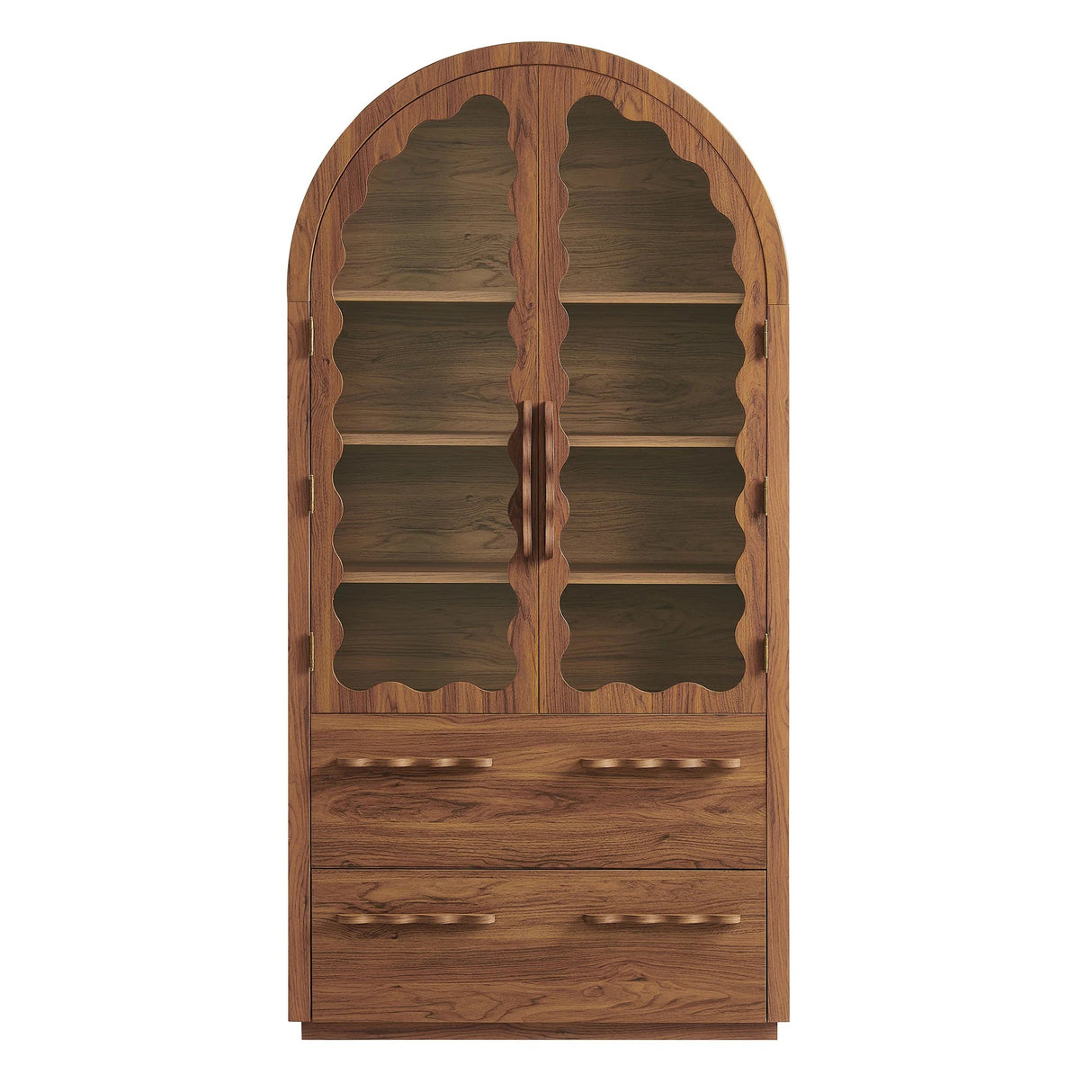 76 Inch Arched Scalloped Glass Door Kitchen Pantry Cabinet – Wood Grain