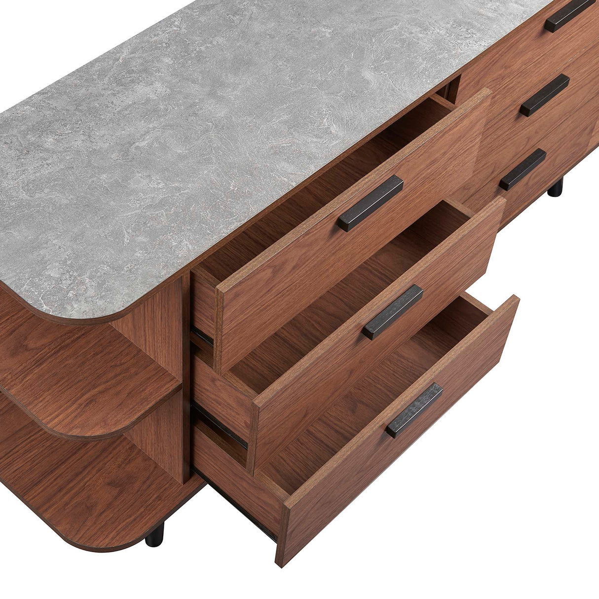 Open Display Sideboard Storage Cabinet with Drawers – Wood Grain Stone Top 63 Inch