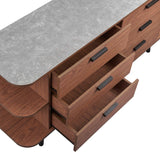 Open Display Sideboard Storage Cabinet with Drawers – Wood Grain Stone Top 63 Inch