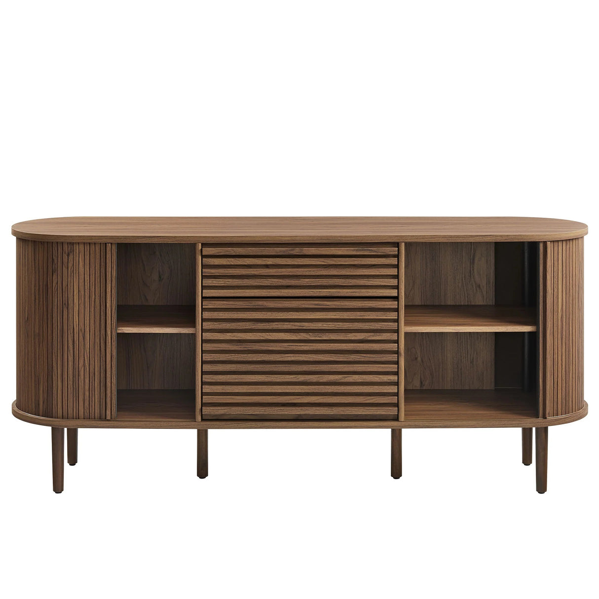 Mid-Century Fluted Oval Sideboard Cabinet – Walnut 67 Inch