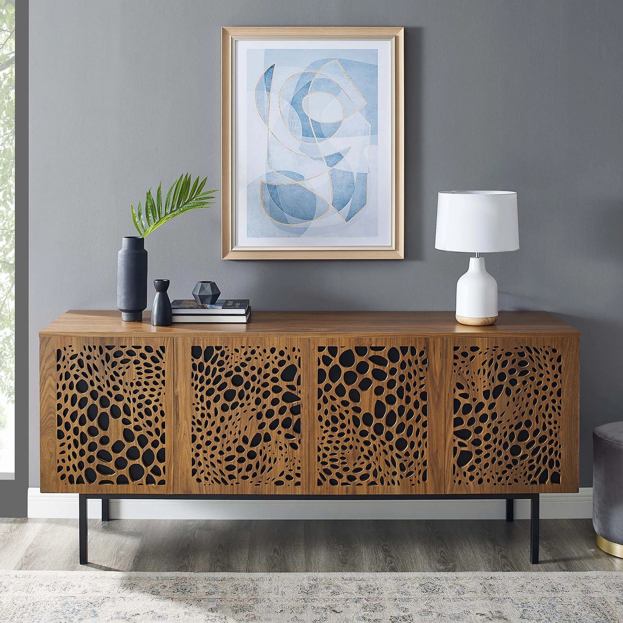 Wood TV Stand with Sliding Doors and Storage – Walnut Finish 73 Inch