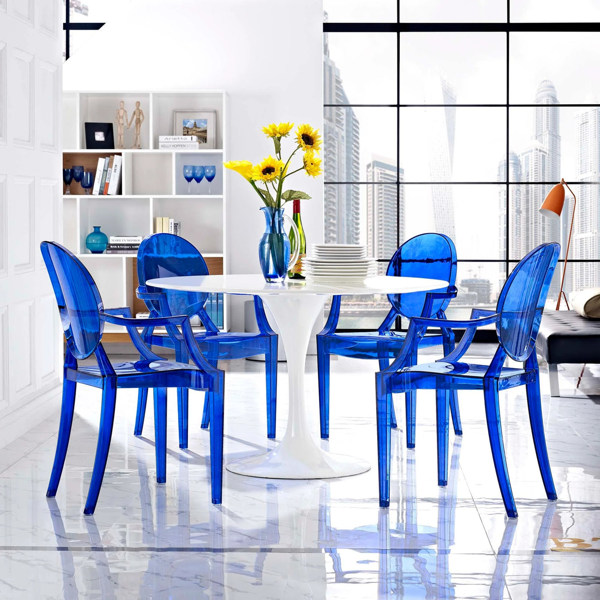 Set of 4 Blue Stackable Molded Acrylic Dining Armchairs