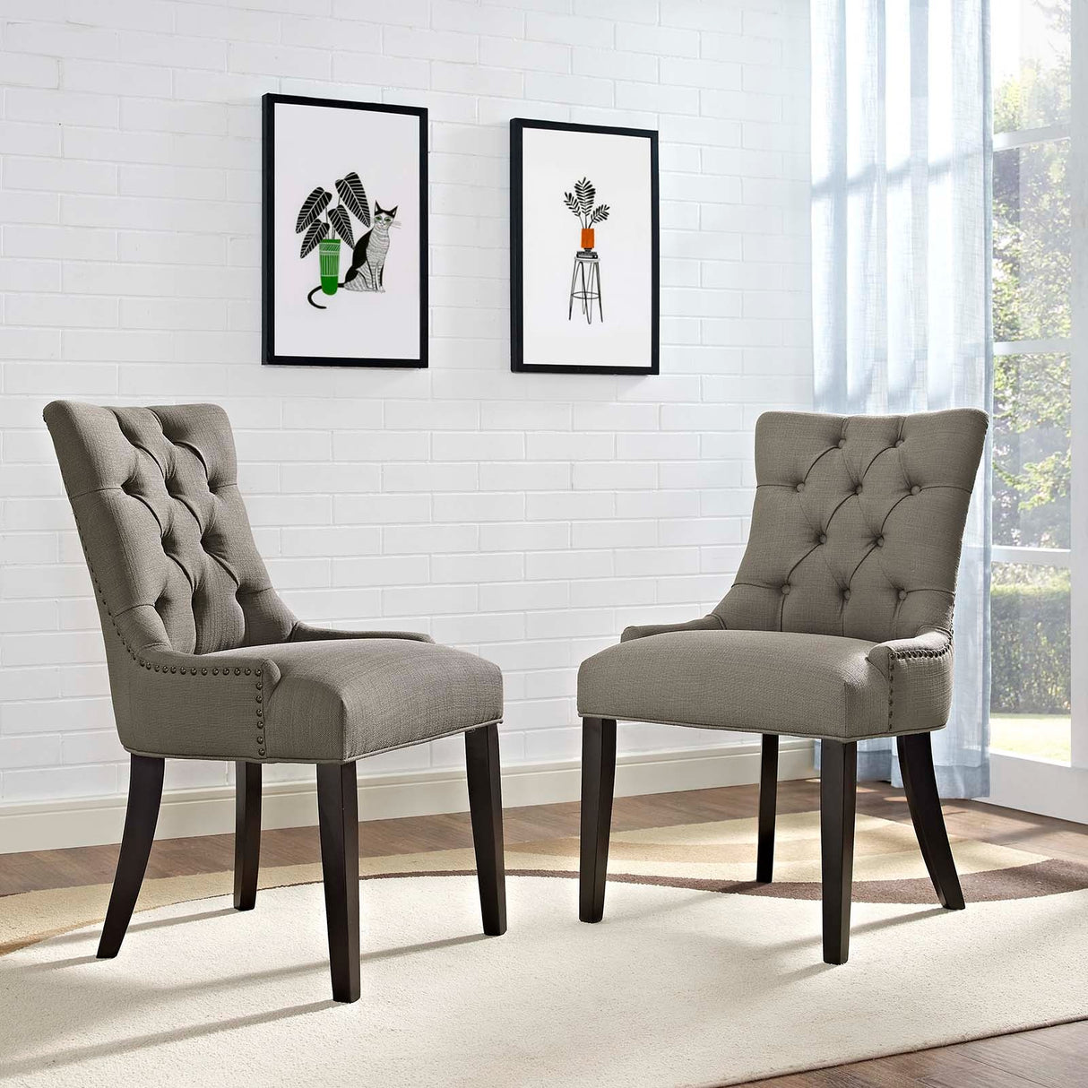 Set of 2 Button Tufted Fabric Dining Side Chairs with Nailhead Trim