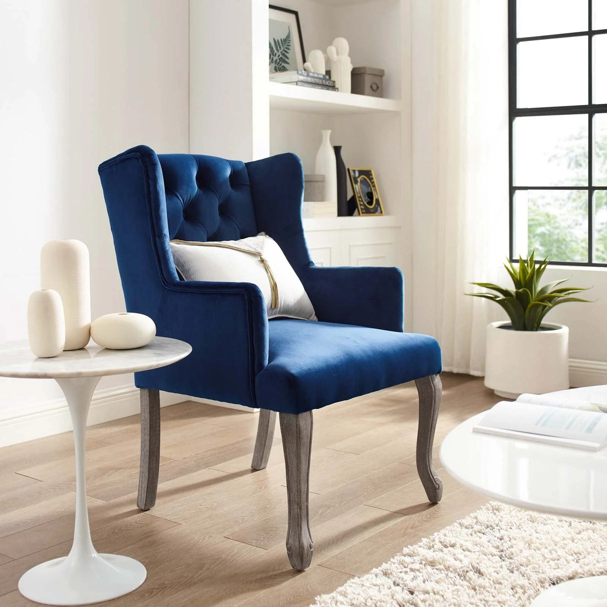 French Vintage Button Tufted Performance Velvet Dining Armchair