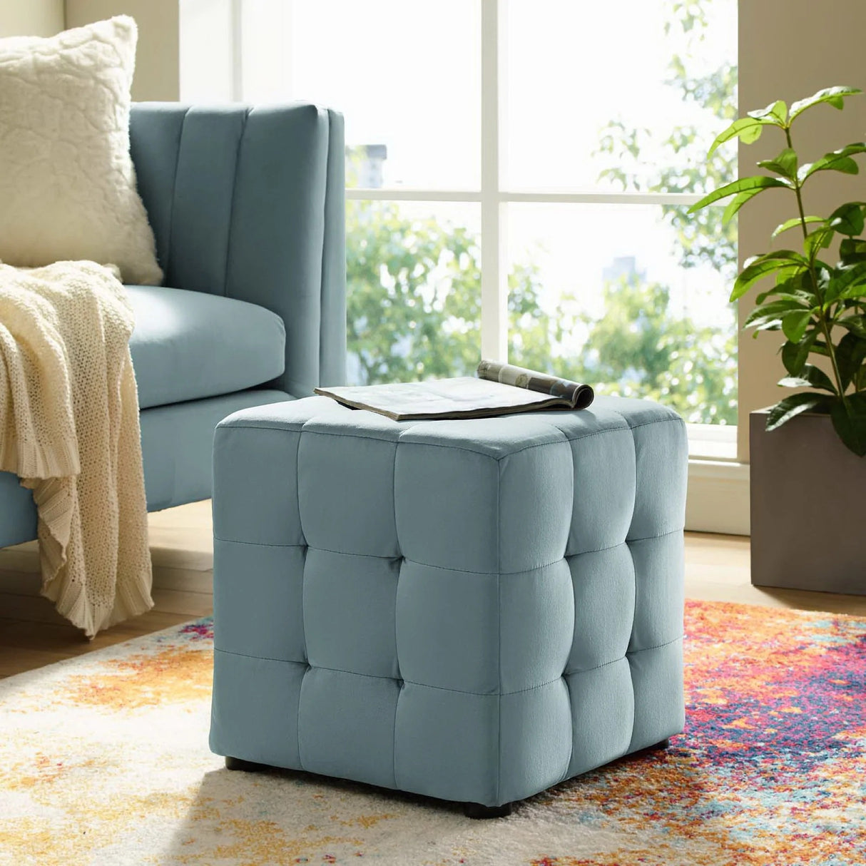 Tufted Cube Velvet Ottoman – 15 Inch Upholstered