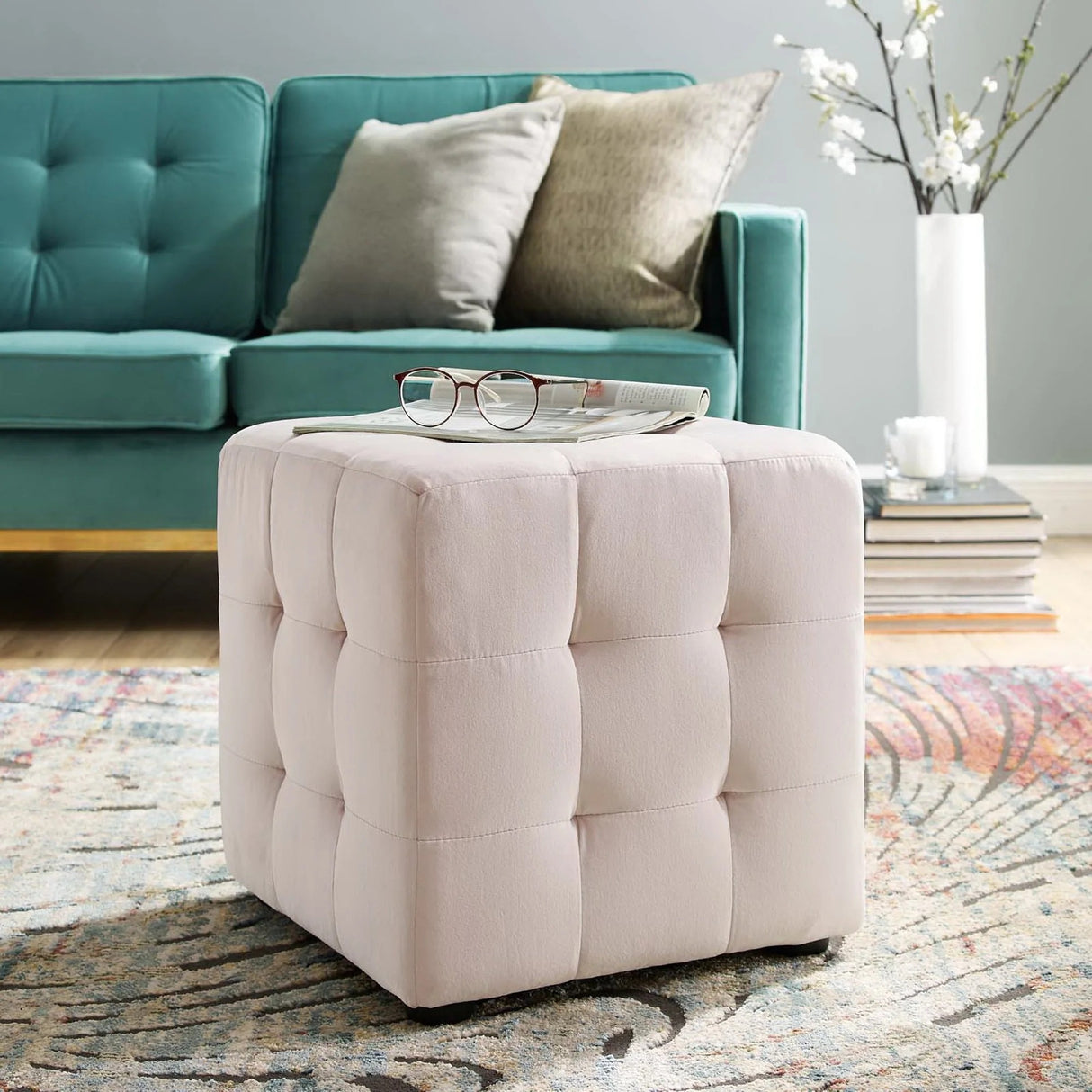 Tufted Cube Velvet Ottoman – 15 Inch Upholstered