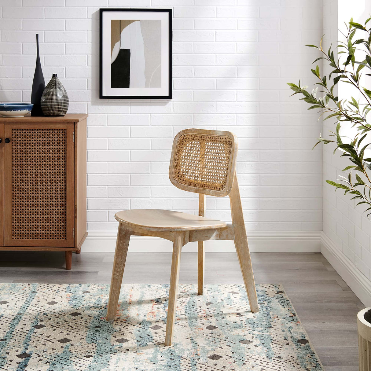 Wood Dining Side Chair with Woven Rattan Cane Back