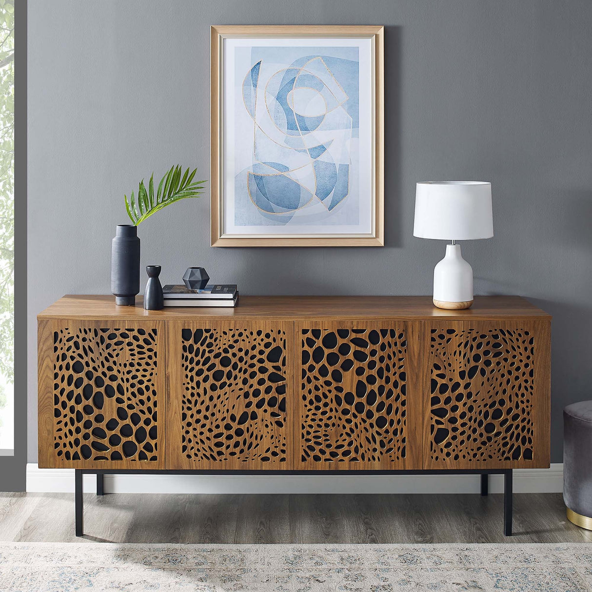 Wood TV Stand with Sliding Doors and Storage – Walnut Finish 73 Inch