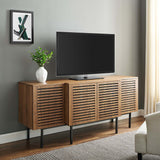 Slatted Wood Sideboard Storage Cabinet with Metal Legs – Walnut Finish 73 Inch
