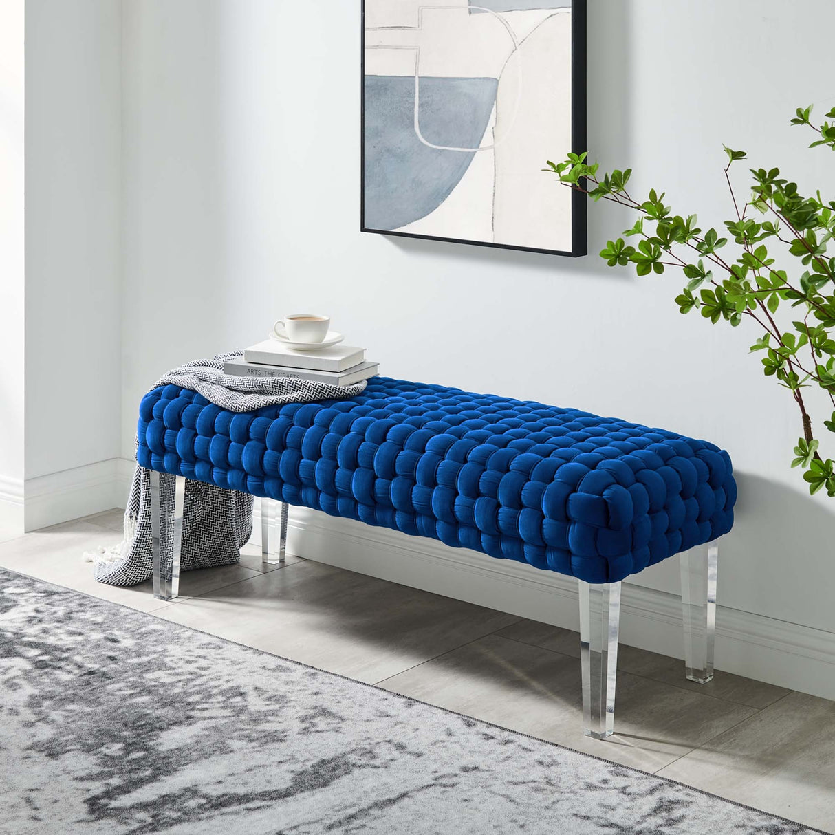 Woven Velvet Bench Ottoman with Acrylic Legs – 50 Inch