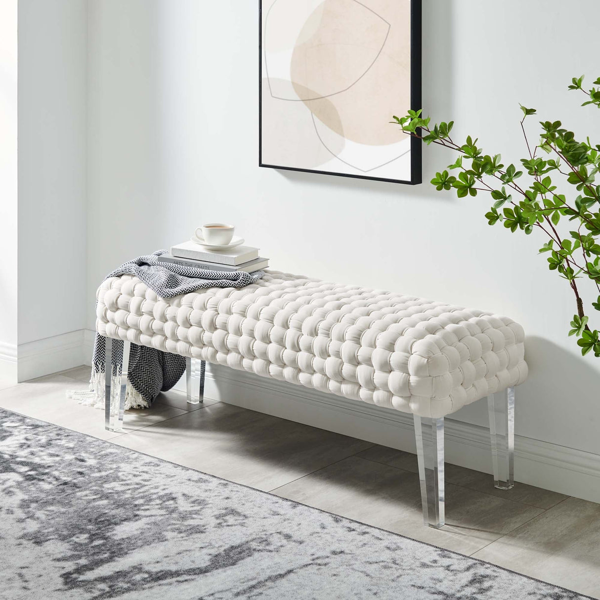 Woven Velvet Bench Ottoman with Acrylic Legs – 50 Inch