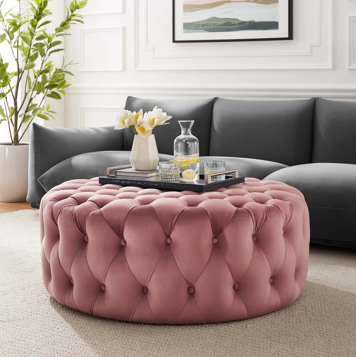 Large Round Tufted Velvet Ottoman – Upholstered 40 Inch