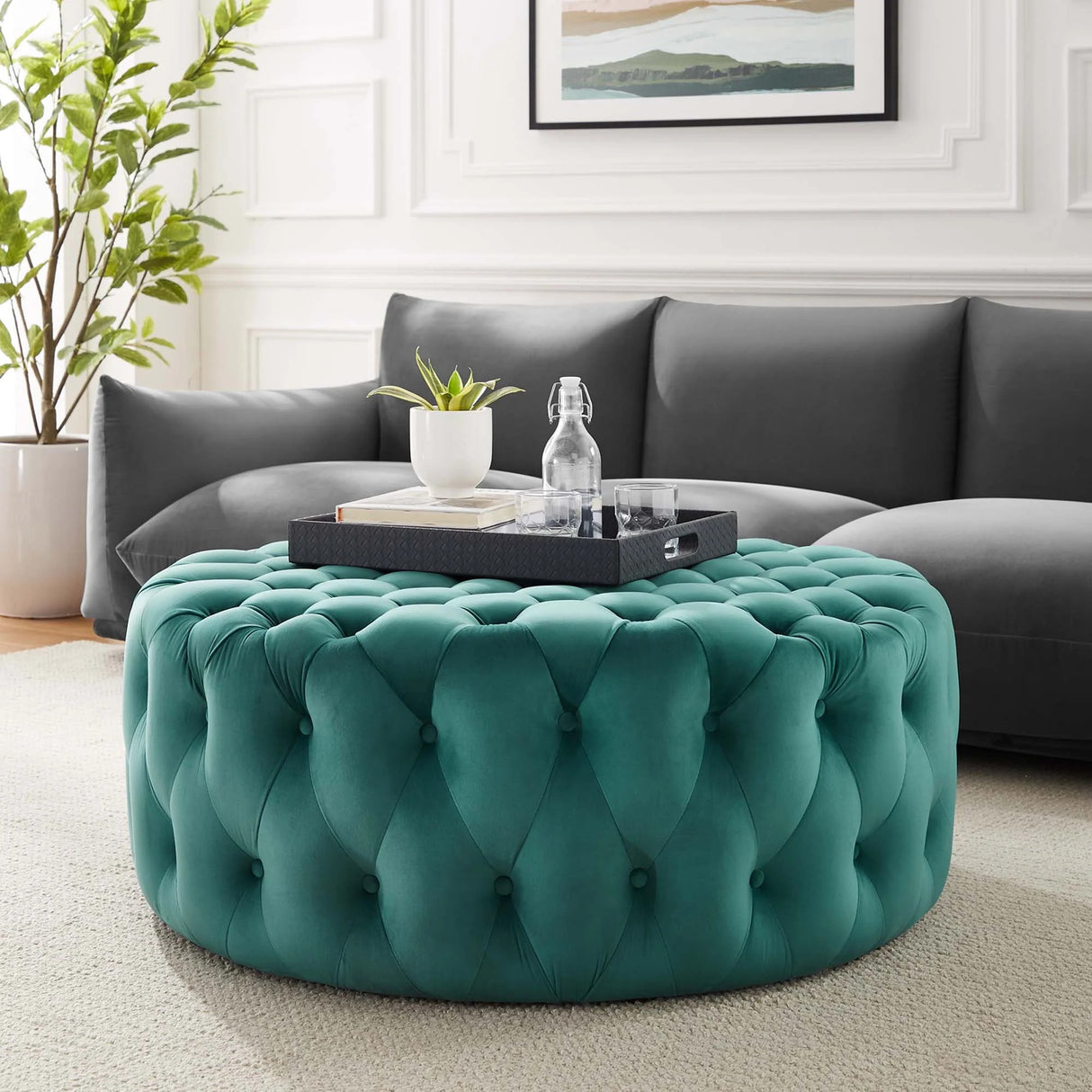 Large Round Tufted Velvet Ottoman – Upholstered 40 Inch