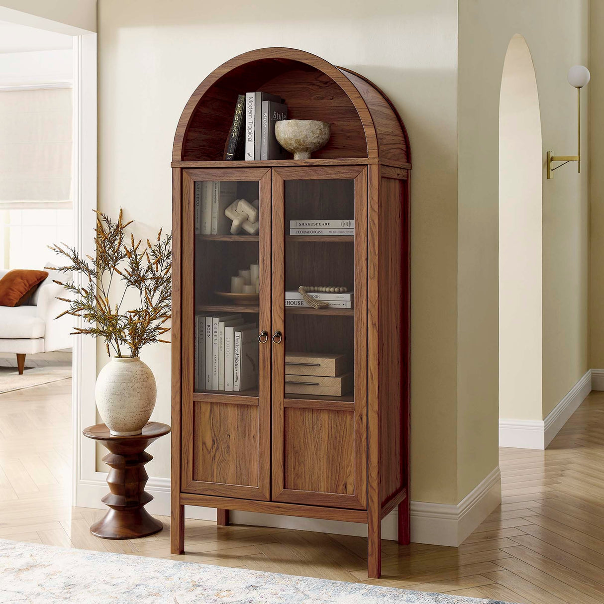 Modern Wood Grain Arched Tall Storage Display Cabinet – 71 Inch
