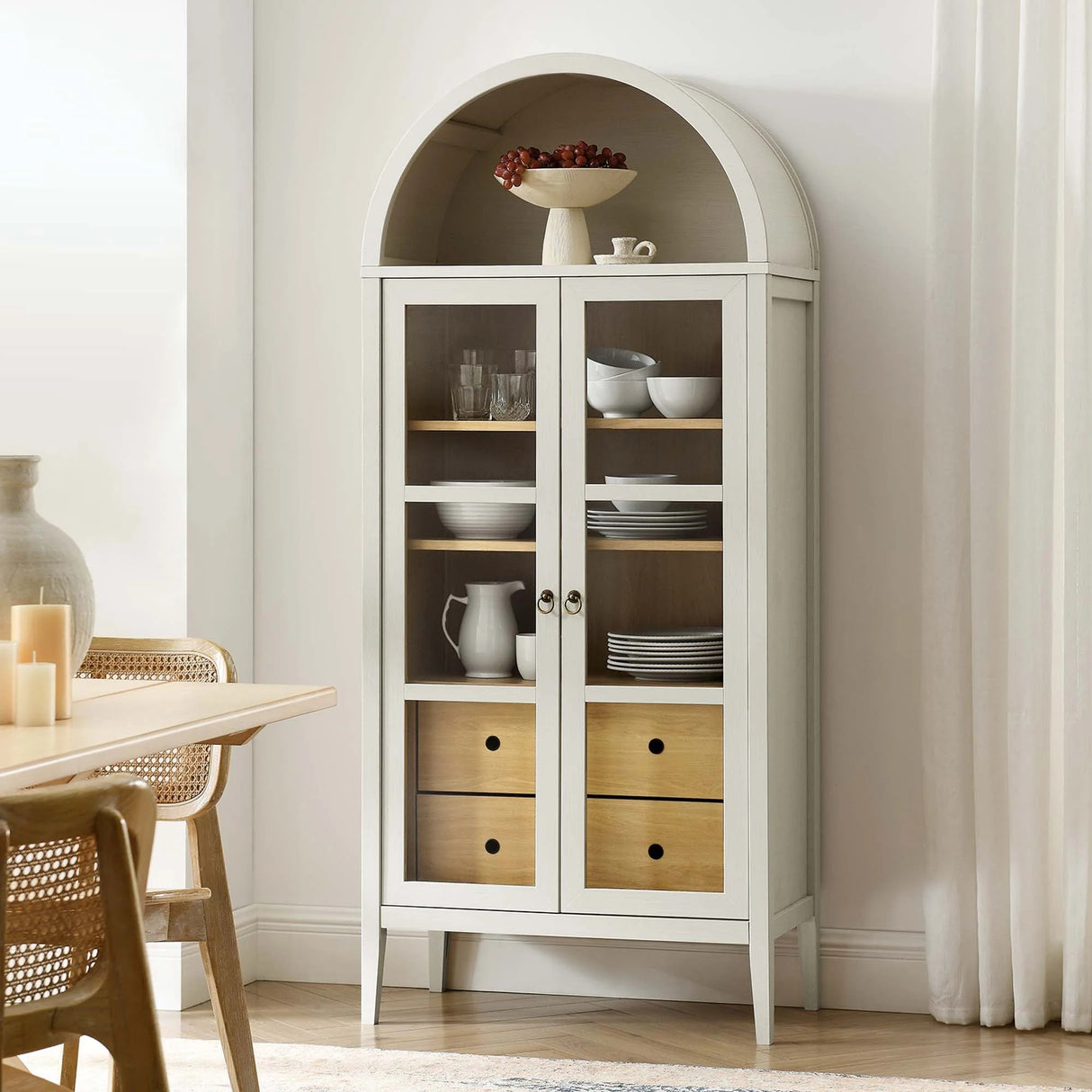 Modern Farmhouse Arched Tall Wood Storage Display Cabinet – Wood Grain 71 Inch