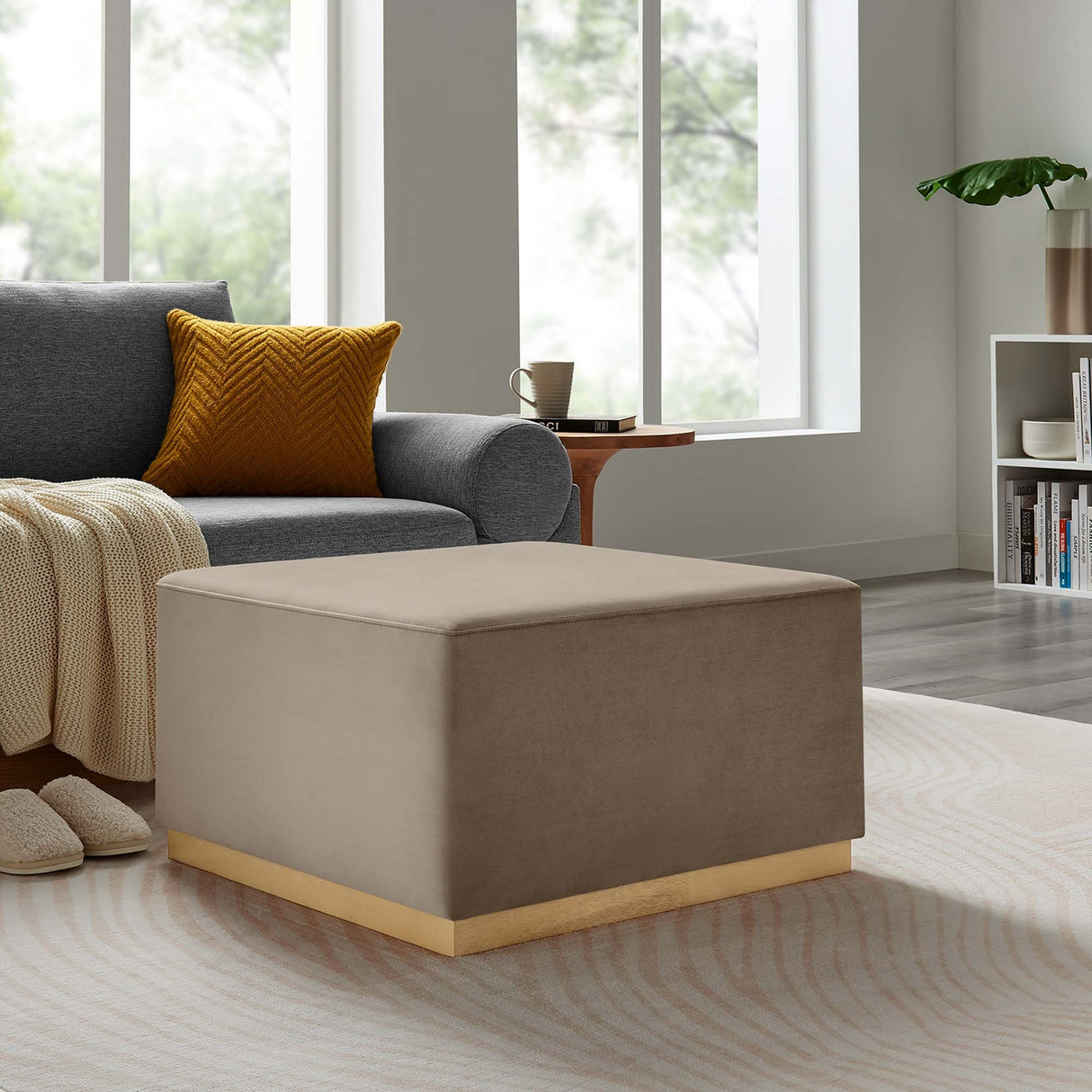 Square Velvet Upholstered Ottoman – Plinth Base 28 Inch