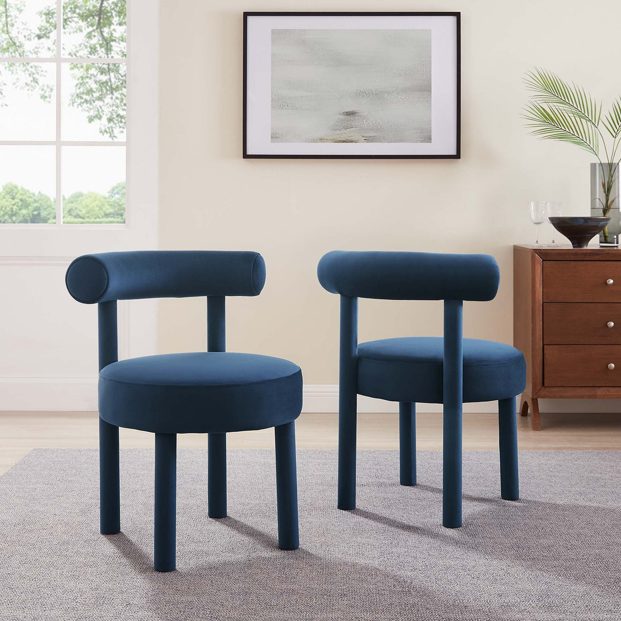 Set of 2 Performance Velvet Circular Dining Chairs with Bolster Backrest