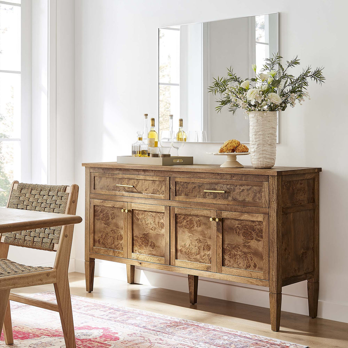 Burl Wood Sideboard Storage Cabinet with Drawers – Wood Finish 62 Inch