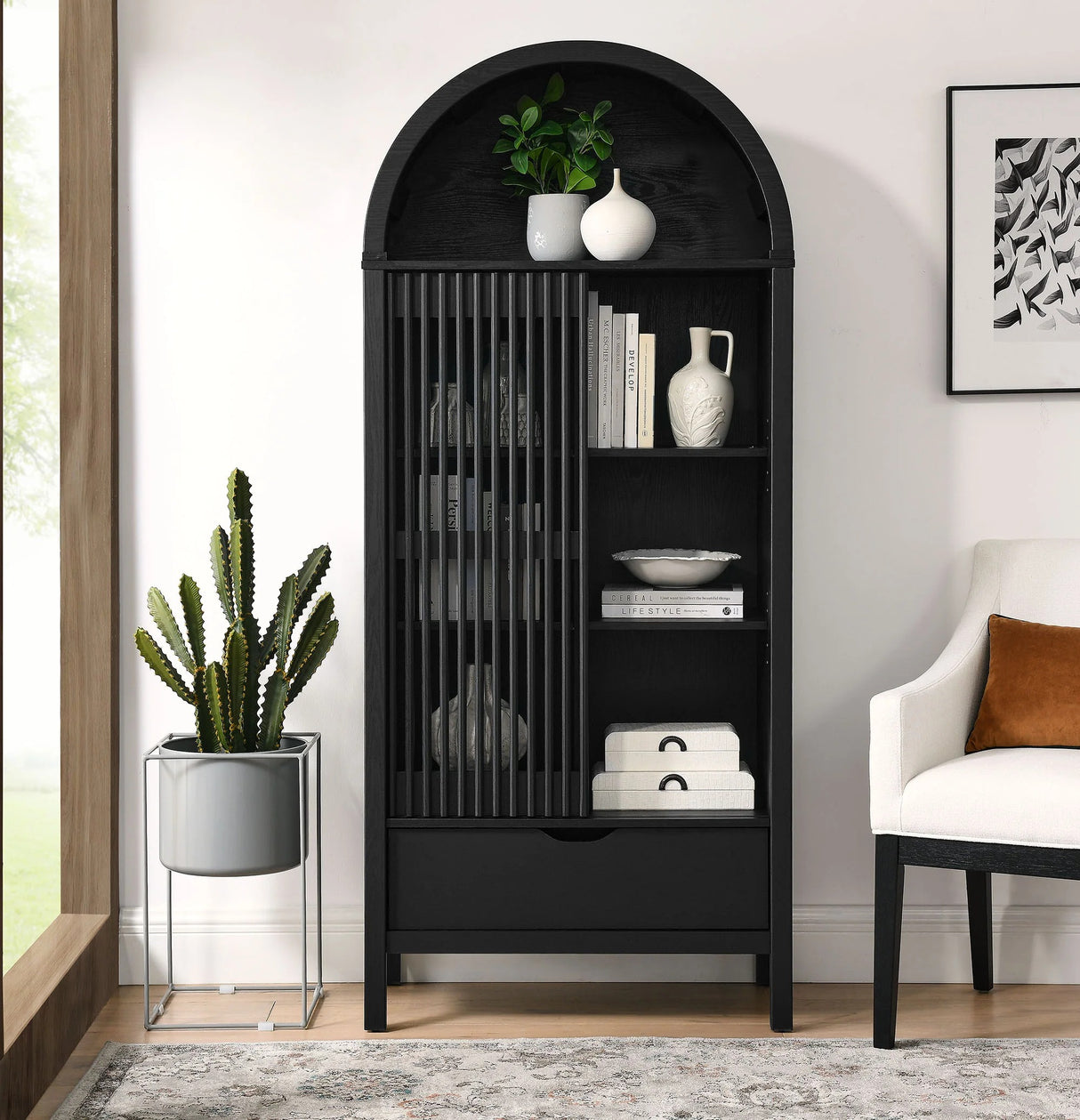 Modern Slatted Sliding Door Arched Tall Storage Cabinet – 71 Inch