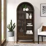 Modern Slatted Sliding Door Arched Tall Storage Cabinet – 71 Inch