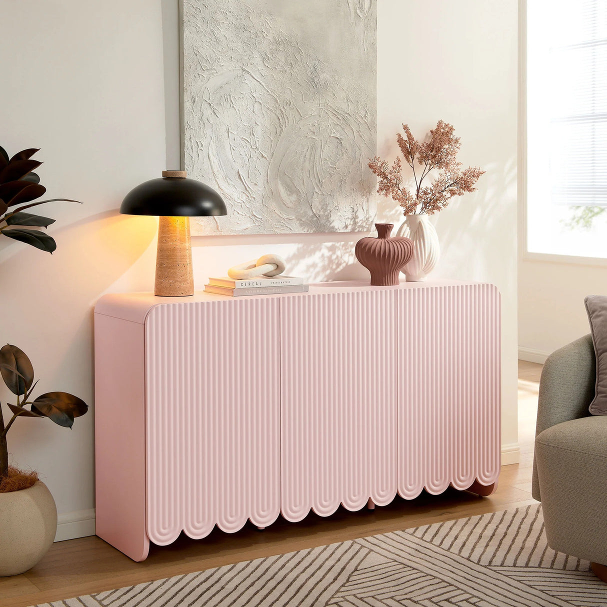 Fluted Scalloped Sideboard Storage Cabinet – Wood Finish 56 Inch