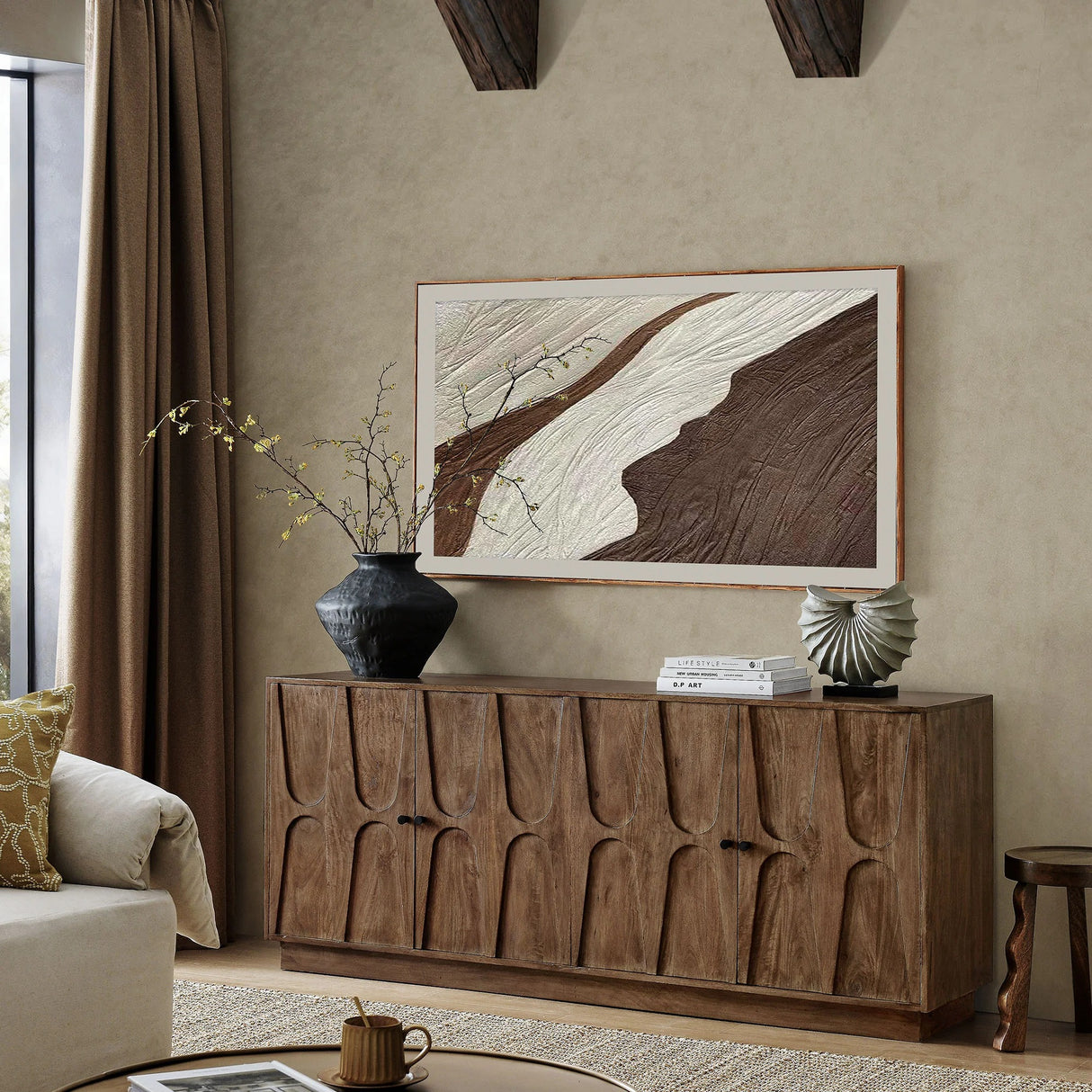 Carved Solid Mango Wood 4 Door Sideboard – Walnut 72 Inch