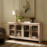 Modern Farmhouse 4-Door Glass Sideboard Storage Cabinet – Wood Grain 63 Inch