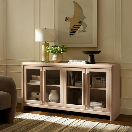 Modern Farmhouse 4-Door Glass Sideboard Storage Cabinet – Wood Grain 63 Inch